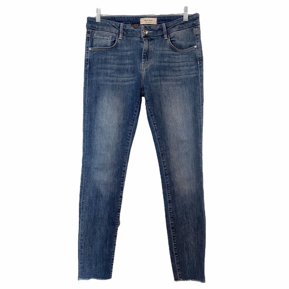 MOS MOSH SUMMER BLOSSOM MEDIUM WASH RED PATCH MID-RISE RAW TAPERED LEG JEANS - Picture 1 of 9